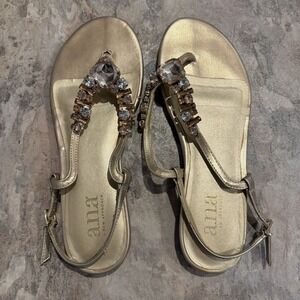 a.n.a. Silver Beaded Flat Sandals Women's Size 7 Sling Back Jeweled Wedding